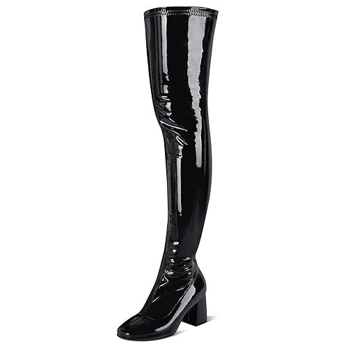 syztsho Thigh High Boots for Women Patent Leather PU Chunky Heel Over The Knee Boot Sexy Square Toe Side Zipper GOGO Boots