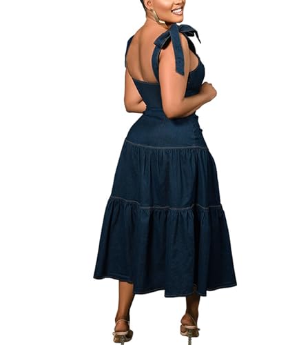 Sexyshine Women's Spaghetti Strap Plus Size Denim Dress Tie Knot Sleeveless A Line Ruffle Layered Maxi Dress Jeans Dresses3