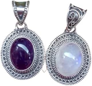 Natural Amethyst, Rainbow Moonstone Pendant, Oval Stone Pendant, Birthstone Pendant, Purple Amethyst Pendant, Blue Flash Moonstone ~ Gemstone Pendant, Handmade Pendant, Statement Necklace, Cabochon Pendant, Healing Crystal Pendant, Vintage Pendant, Christmas Gifts (Amethyst, Moonstone)