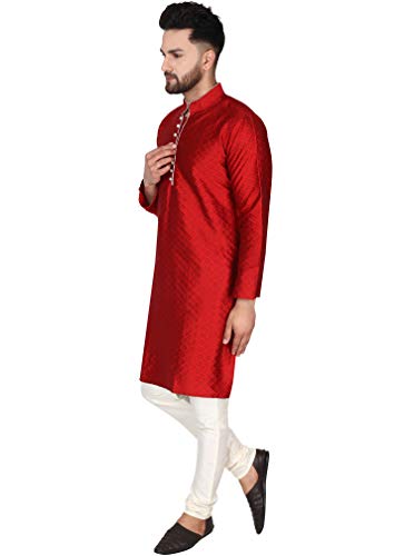 Image of SKAVIJ Men's Art Silk Woven Design Kurta Pajama Set Festive Jacquard 2-Piece Ethnic Dress