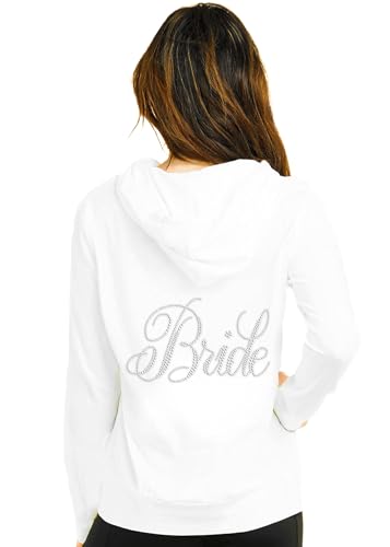 Bachelorette Bride Hoodie - Flirty BRIDE Rhinestone Light Weight Hoodie - Spa Bridal Shower, Bachelorette Party - Large - White Hood(FlrtyBrd RS) Wht/Lrg