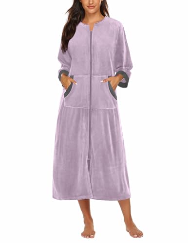 Ekouaer Robe for Women Velour Zipper Robe 3/4 Sleeves Housecoat Full Length Loungewear Long Bathrobe with Pockets