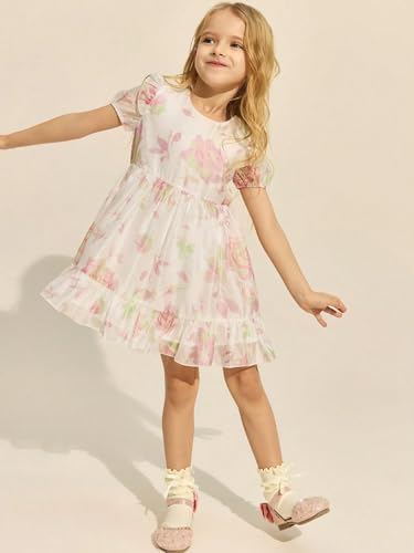 Image of TAGAS Floral Print Mesh Insert Ruffle Trim Belted Dress||Frock for Girls||Sleeve Less Dress for ||Fency Dress||(KD-144)