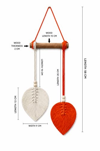 Image of AdFashionble Boho Macrame Wall Hanging Leaf Decor for Home, Living Room & Bedroom | Cotton Thread Art with Wooden Rod | Minimalist Handmade Wall Decoration | Aesthetic Nordic Wall Art for Home, Office & Gift Purpose Lenght- 58 cm Width- 15 cm (ORANGE & OFFWHITE)