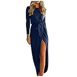 FUPODD Kleid Damen Lang Mit Schlitz Kleider Langarm Elegant Maxikleid Vorne Kurz Hinten Lang Herbstkleid Mit Gürtel Frühlingskleid Frauen Festlich Winterkleid Casual Maxikleider Einfarbig Partykleid