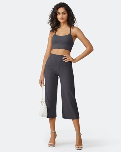 Image of G4Free Capri Pants for Women Wide Leg Yoga Dress Cropped Pants Capri Leggings with Pockets for Casual Summer