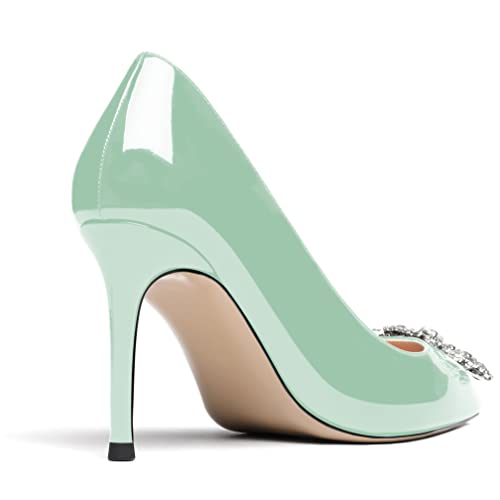 WAYDERNS Women's Patent Slip On Crystal Buckle Pointed Toe Crystal Rhinestone Stiletto High Heel Pumps Shoes 3.5 Inch 5