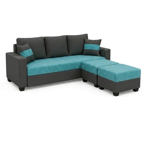Image of FURNY Oreoy 5 Seater L Shape Sofa Set with 2 Movable Ottoman | Flexible Left or Right Layout | Plush Velvet Fabric (Aqua Blue-Dark Grey) | Perfect for Living Room, Guest Room & Office