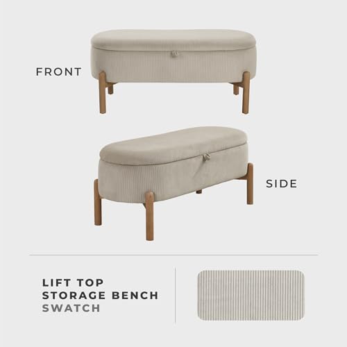 Lexicon Lift Top Storage Bench, Corduroy Upholstered Oval Entryway Bench with Solid Wood Leg Support, Modern Striped Storage Chest for Entryway/Living Room/Bedroom, Taupe