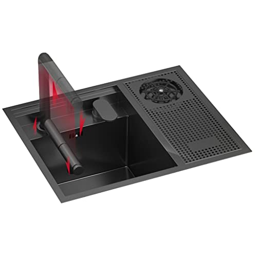 Fregadero Negro De Acero Inoxidable Fregadero Pequeño Oculto En La Barra Fregadero De Caravana con Tapa, Lavavasos Fregadero De Cocina Pequeño De Una Cubeta Empotrado con Sifón