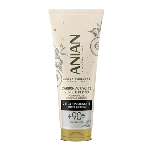 ANIAN - Acondicionador Carbón Activo, Té verde y Pepino, 250 ml, para Cabello con Tendencia Grasa, Desintoxica y Purifica el Cabello, Cabello Hidratado y Limpio más Tiempo, Evita el Encrespamiento