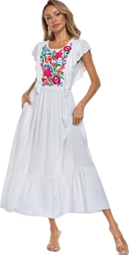 Image of Women's Summer Maxi Dress Casual Floral Embroidered Round Neck Short Sleeve Ruffle Tiered Dress Flowy Boho Beach Sundress