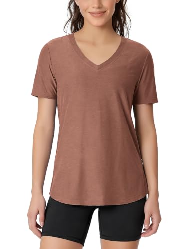 Image of ODODOS Women's Short Sleeve Performance V-Neck Tunic Tops, Ultra Soft odSTRATUM Tech Tee, Side Slit Relaxed T-Shirts