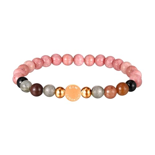 Kim Johanson® Pulsera de piedra natural para mujer con rodocrosita, ónix y cuentas de acero inoxidable en oro rosa, pulsera de perlas rosas con auténticas piedras preciosas de 6 mm, pulsera de bolas