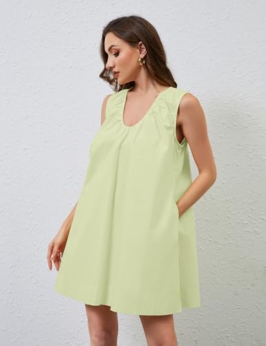 Image of OLAPTA Women Summer Sleeveless Babydoll Mini Tank Dresses Loose Fit Scoop Neck Ruched Short Dress with Pockets Party Clubwear