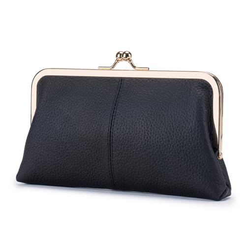 Leather Wallet for Women with Kiss Lock Closure, Multiple Card Slots, Smartphone Holder, 8.07 x 4.72 Inches (Black)