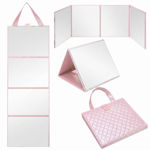 Burbell 3 Way Foldable Full Length Mirror with Handle Leather 31.89 x 11.22 Inches Portable Hanging Travel Mirror Rectangular for Makeup Dance Home Fitness Spa Hair Styling (Rose Gold)