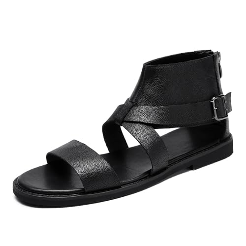 Mens Leather Gladiator Flat Sandals Comfortable Adjustable Ankle Strap Buckle Easy On-Off Back Zip Non-Slip Roman Mid Top Greek Beach Sandals For Outdoor Walking