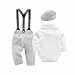 Baby Boy Clothes Suit Formal Infant Gentleman Outfits, Dress Long Sleeve White Shirt + Beret Hat + Suspender Pants + Bow Tie Wedding Set 6-12 Months
