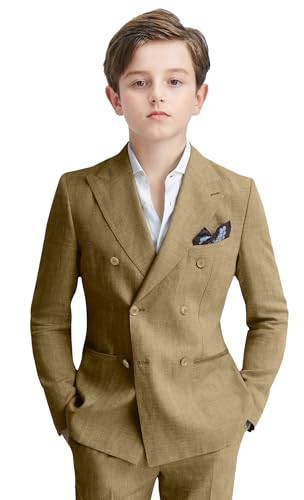 Image of Fesenbo Double Breasted Suit Boy Light Weight Linen Suit Kids Formal 5 Piece Boys Prom Tuxedo Wedding Khaki Kids Suits Size 14