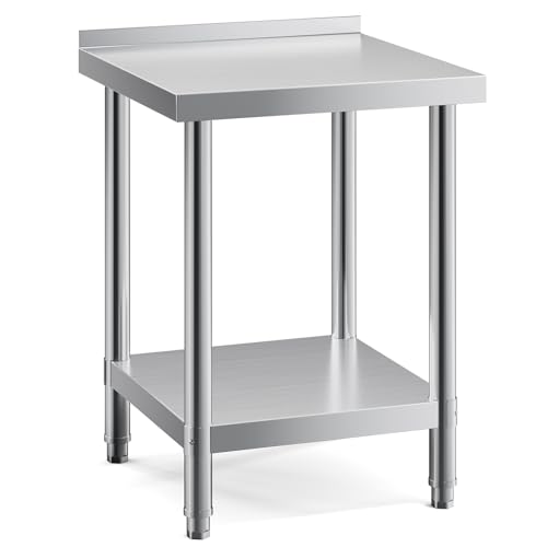 DKIEI 60 x 60 x 80cm Kitchen Catering Table Stainless Steel Food Prep Table Heavy Duty Commercial Work Table with 3.5cm Backsplash & Bottom Shelf 150kg Load Capacity Food Preparation Workbench