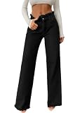 Astylish Womens High Waisted Raw Hem Jeans Stretchy Wide Leg Frayed Straight Denim Pants Black Size 10