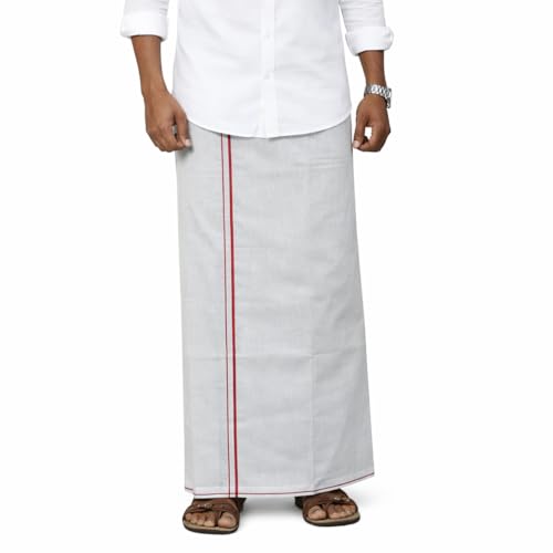Image of Pure Cotton Dhoti for Men (1.28 x 1.87 m) | Solid Panchalu with Varied Small Color Border | Kerala Cotton Veshti, Khadi Dhoti | Lightweight Pooja & Temple Wear