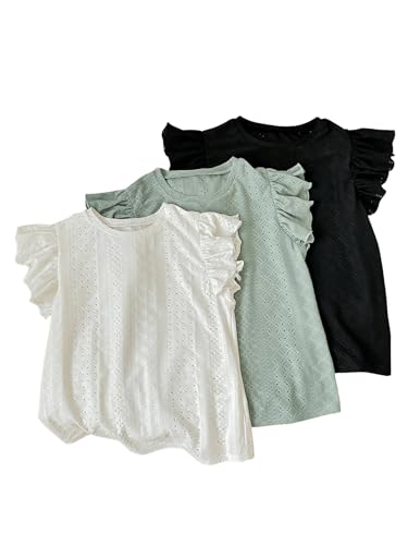 OYOANGLE Girl's 3 Pack Eyelet Cap Sleeve Tank Tops Crew Neck Cute Summer Tee Top