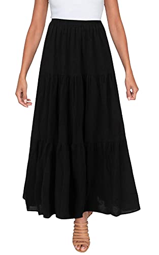 Image of Annebouti Womens Spring Summer Boho Elastic Long Skirts High Waist Pleated A Line Tiered White or Black Maxi Skirt