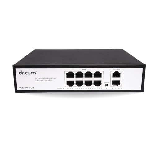 Image of dr.com 10 Port Gigabit PoE Switch with 8 PoE Ports and 2 Uplink Ports 10 /100 /1000 Mbps 120W Power IEEE 802.3af /at for CCTV IP Camera Network Switch Plug and Play Metal Body Black