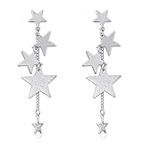 Watforsh Silver Sparkly Star Drop Earrings Long Tassel Stud Earrings for Women Star Jewelry