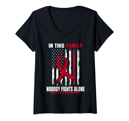 Womens Family Fights Alone Multiple Myeloma Awareness American Flag V-Neck T-Shirt