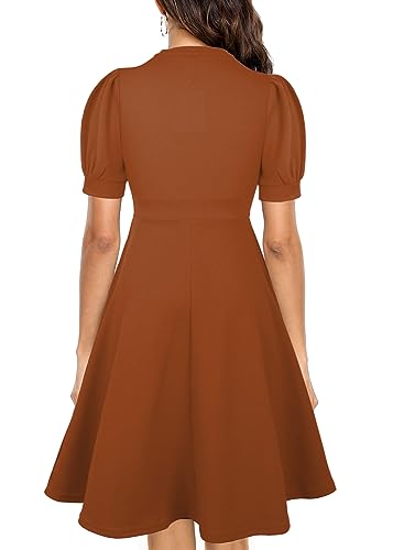 Image of Mokayee Womens Summer Short Puff Sleeve Casual Semi-Formal Fit and Flare Church Wedding Guest Work Dresses with Pockets