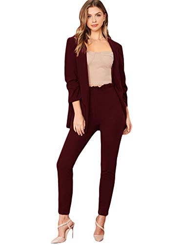 Shein Women's Two Piece Plaid Open Front Long Sleeve Blazer And Elastic Waist Pant Set Suit Burgundy Medium #TOP11