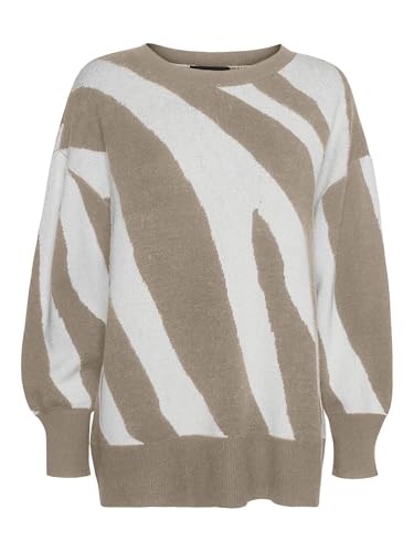 VERO MODA Vmnancy-Pullover Lungo con Scollo Rotondo, Taglia L Maglione Lavorato a Maglia, Silver Mink/Detail:w. Birch Animal Print, S Donna