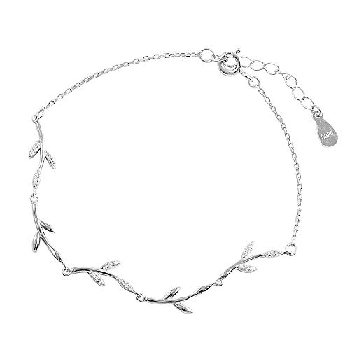 Crystal Leaf Bracelet for Women Sterling Silver Danity Charm Link Bracelets Anklets Adjustable Chain Simple Elegant Jewelry Birthday Christmas for Daughter Niece