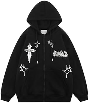 Bopoft Y2k Hoodie Zip Up Men Women Fashion Graphic Lined with