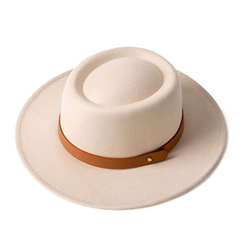 EOGIMI Lady Retro Wide Brim Fedora Floppy Pork Pie Hat with Belt Buckle Beige