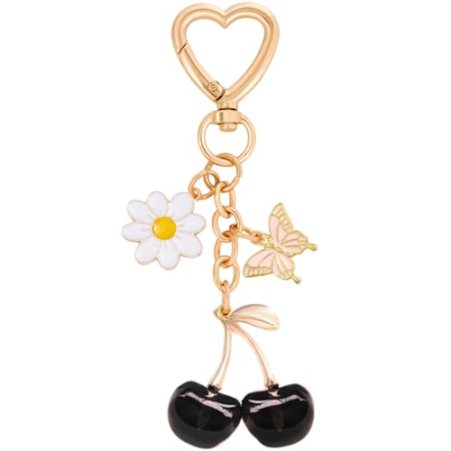 Rikhiua Cute Cherry Keychain Bag Charm with Butterfly Daisy Charm for Women Bag Decor Holiday Birthday Christmas Gifts (Black Butterfly)