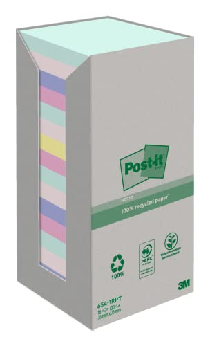 Post-It Foglietti In Carta Riciclata Al 100% In Colori Assortiti, Confezione Da 16 Blocchetti, 100 Fogli Per Blocco, 76 Mm Mm X 76 Mm, Colori Verde, R