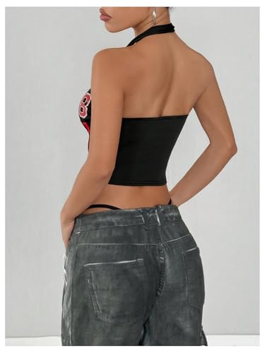 Women's Number Letter Graphic Jersey Halter Top Striped Sleeveless Fitted Y2K Crop Tops Streetwear3