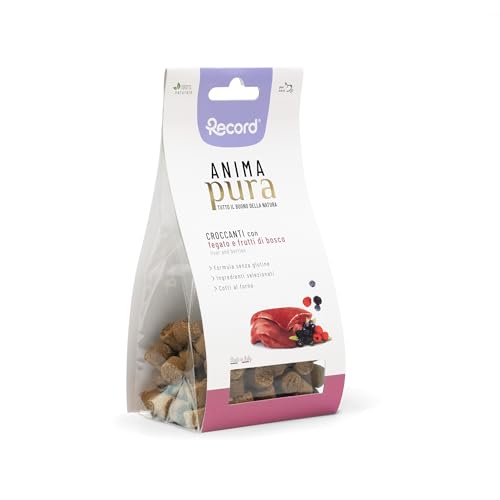 Record - Snack Senza Glutine Anima Pura per Cani 100% Naturali. Biscotti Naturali Cotti al Forno al gusto di Fegato e Frutti di Bosco, Made in Italy |75 g
