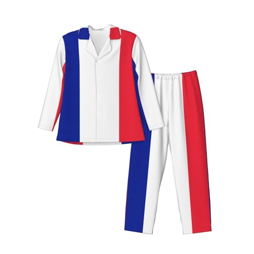 Pyjama classique à col cranté bleu blanc rouge pour homme et femme en tissu léger