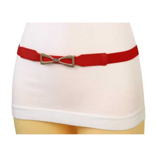 Women Red Skinny Fashion Belt - Faux Leather Narrow Waistband Gold Bow Buckle S M z2174