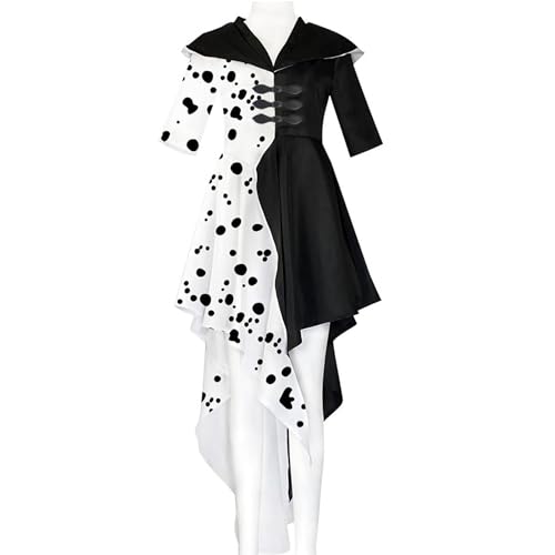 KUJAIS Carnaval Cruella Disfraz para Mujer, Vestido de Cruella Deville para Niñas 101 Dálmatas Cruela Vestido, para Fiesta Temática Carnaval Cosplay Mardi Gras (L)