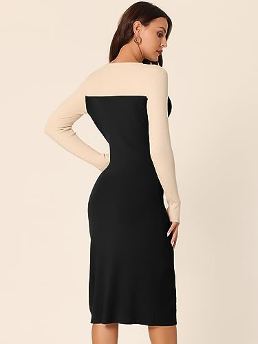 Image of Seta T Women's Long Sleeve Crew Neck Stretch Slim Cutout Color Block Ribbed Knit Bodycon Midi Sweater Dress