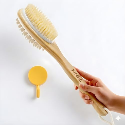 Image of KIMEE 2-in-1 Natural Bristle Bath Brush with Long Wooden Handle & Detachable Head - Back Scrubber for Shower, Dry Brushing, Exfoliating Skin Care, Cellulite Reduction & Deep Cleansing Spa Tool
