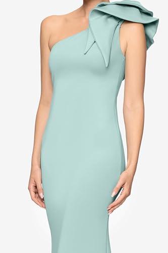 Image of Betsy & Adam Women's Long Halter Scuba Crepe Tiered Ruffle Slit Gown