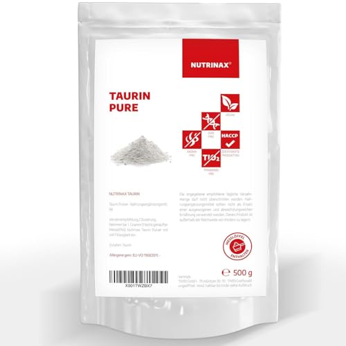 NUTRINAX Taurin Pulver | Aminosäure | hochdosiert | 500g reines L-Taurin | vegan | ohne Zusatzstoffe | im praktischen Zip-Beutel