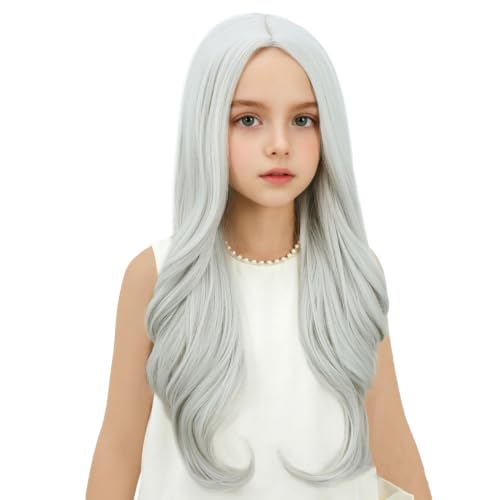 Image of Sliver Gray Wig Long Slive Grey Wavy Curly Wig Long Middle Part Wigs Heat Resistant Synthetic Wigs with Cap (Small Size)
